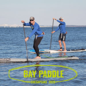 Two men SUPing in Chesapeake Bay. Bay Paddle logo.