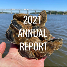 Hand holding oyster clump in front of bridge. Text overlay, 2021 ANNUAL REPORT