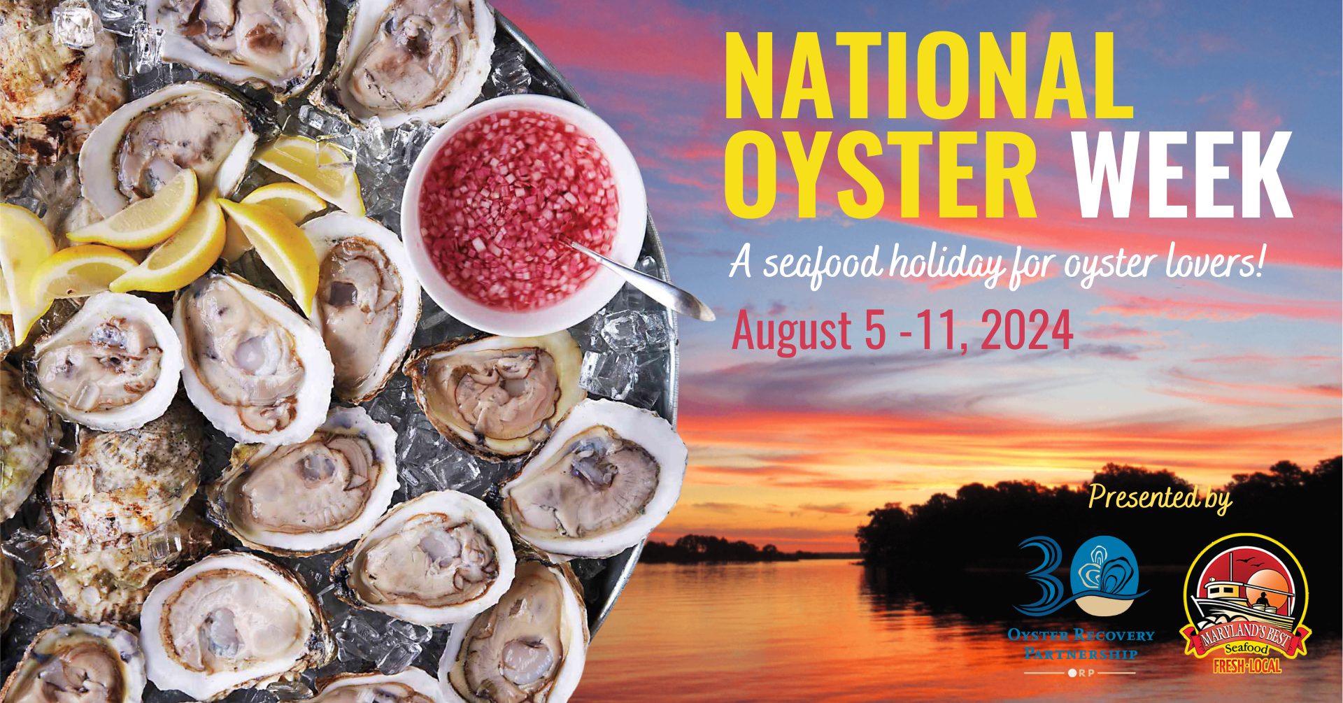 Oysters on platter. Chesapeake sunset background.
