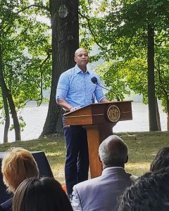 Maryland Governor Wes Moore stands at podium to announce the Alternate Substrate Task Force. July 2023.